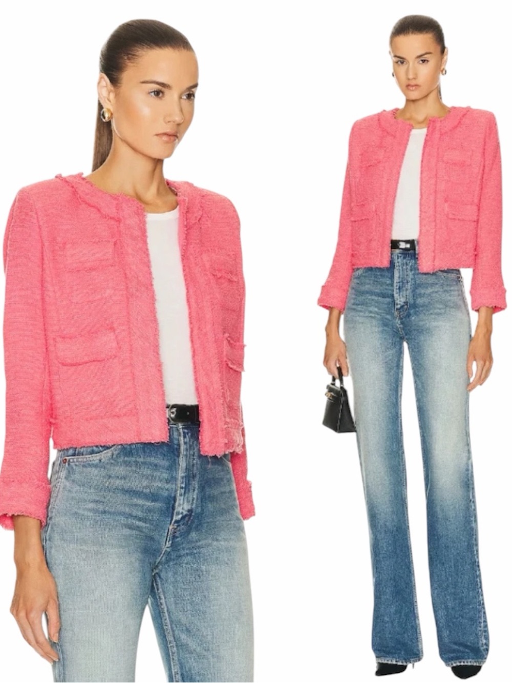 L’AGENCE | Women’s Keaton Tweed Short Blazer in Coral Rose Size 0